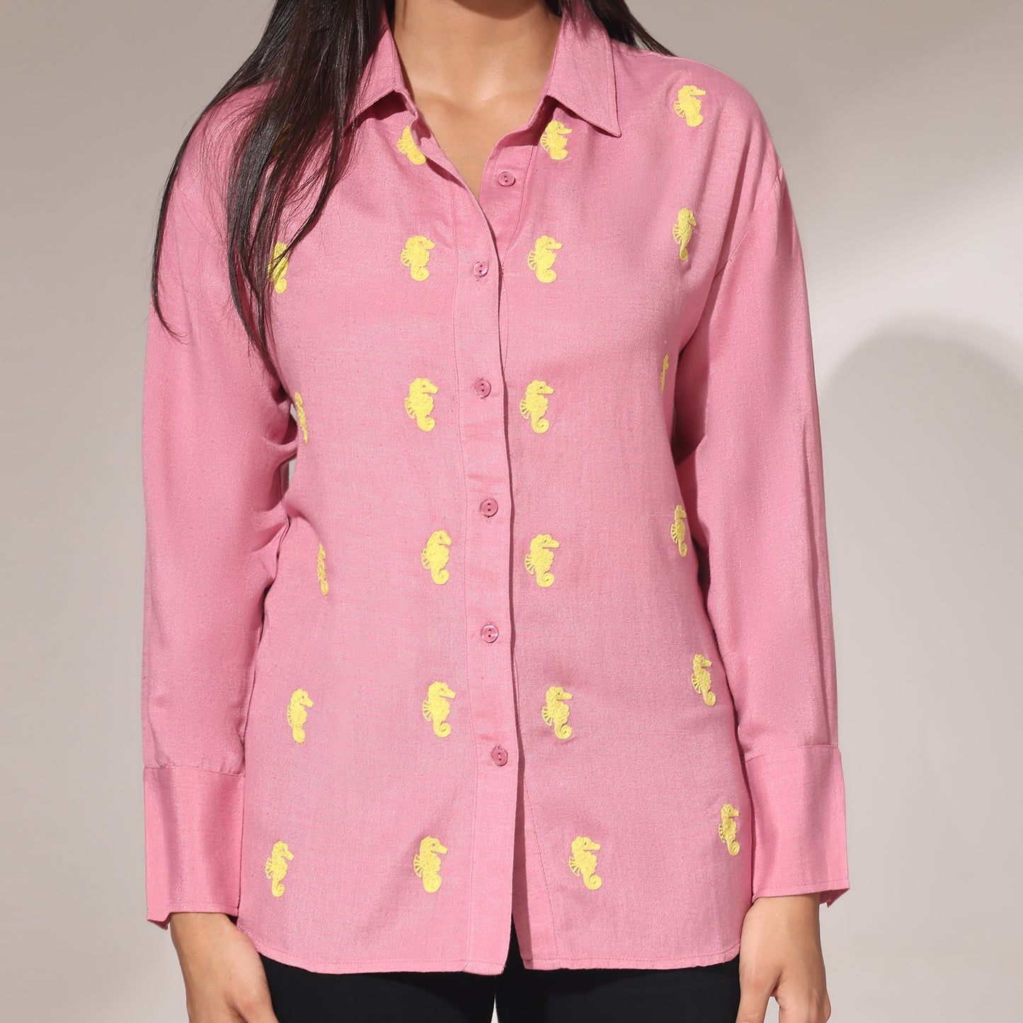 Oversized Embroidered Shirt- Seahorse Pink