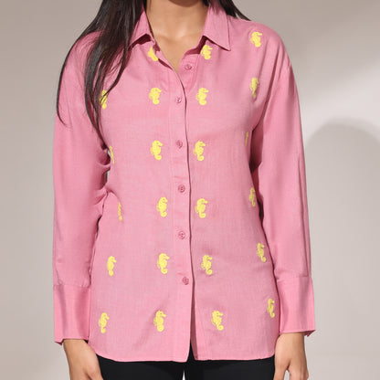 Oversized Embroidered Shirt- Seahorse Pink