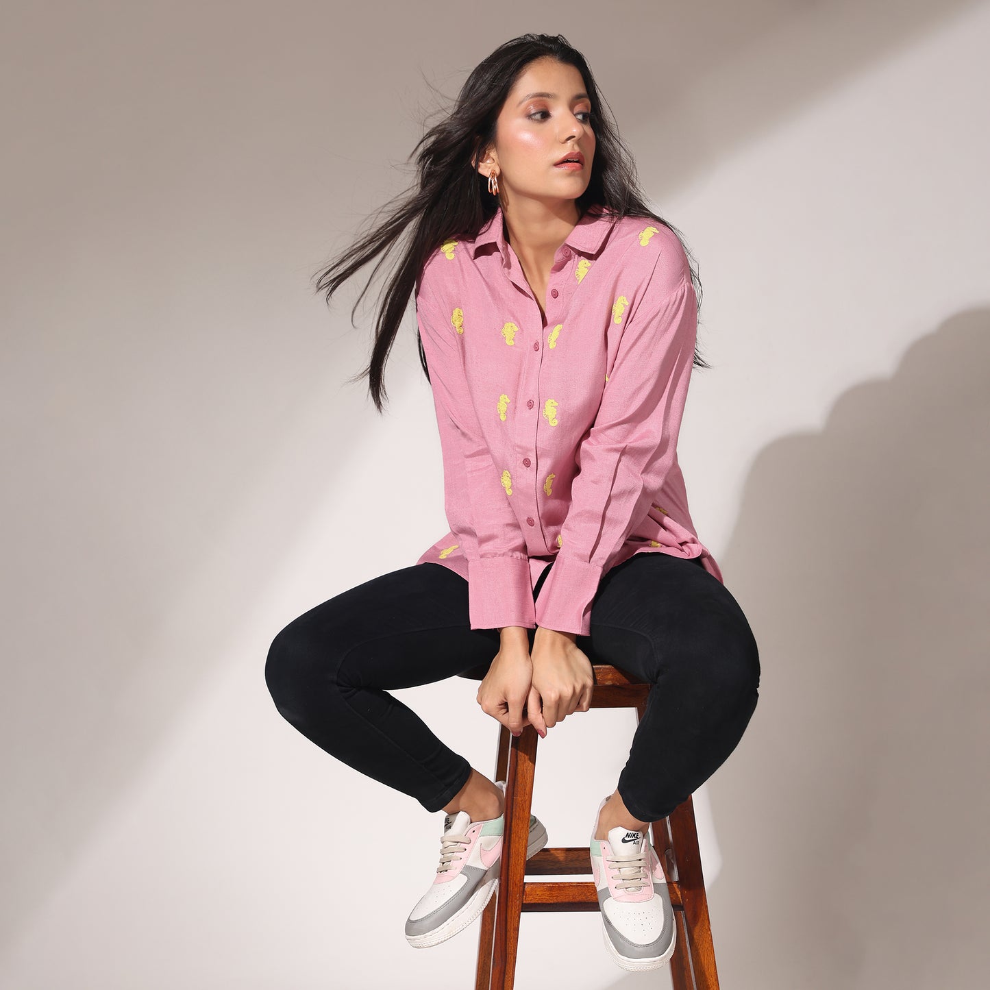 Oversized Embroidered Shirt- Seahorse Pink