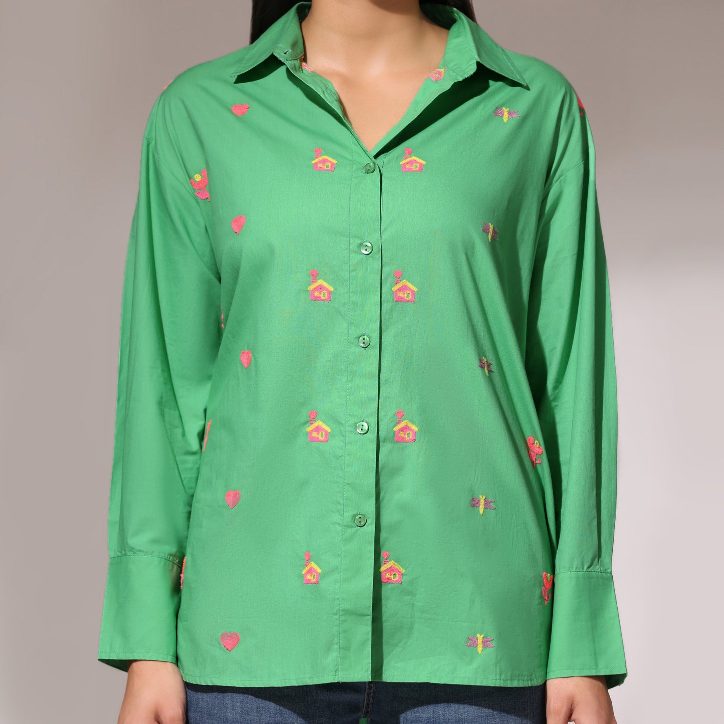 Oversized Embroidered Shirt- House Green