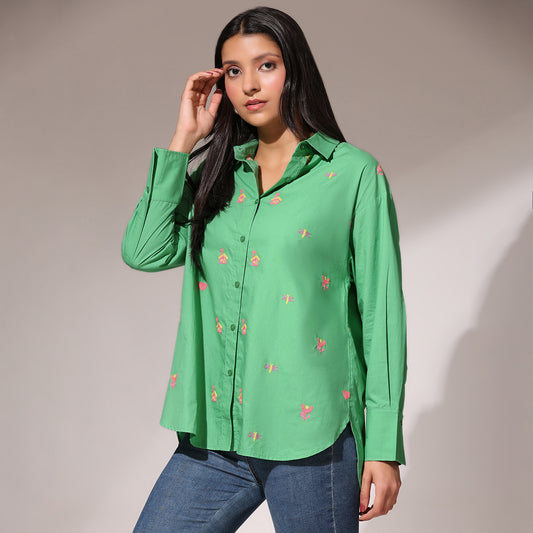 Oversized Embroidered Shirt- House Green