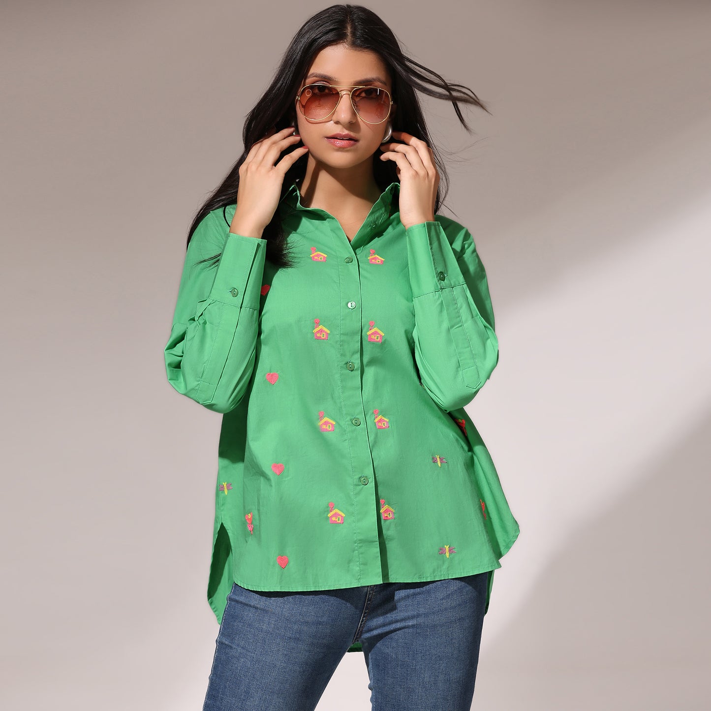 Oversized Embroidered Shirt- House Green