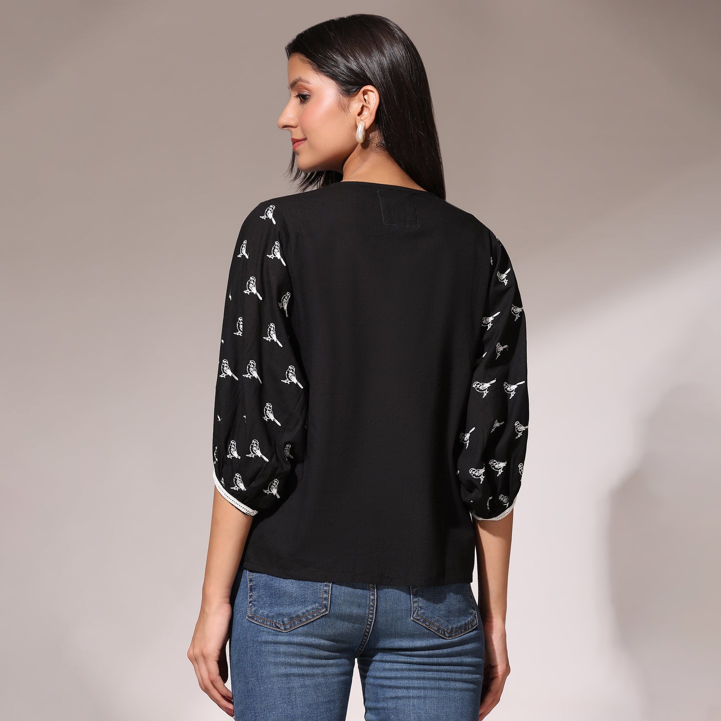 Embroidered Top- Birds of Paradise Black