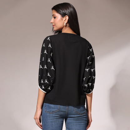 Embroidered Top- Birds of Paradise Black