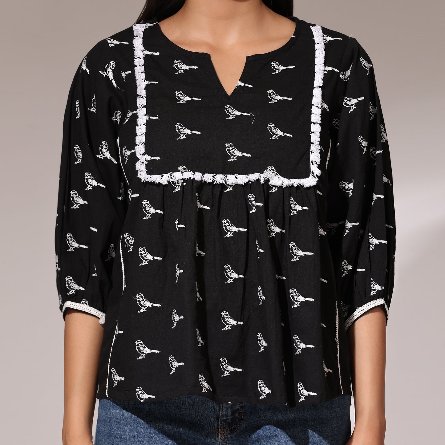 Embroidered Top- Birds of Paradise Black