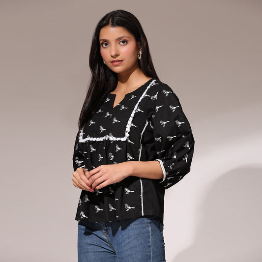 Embroidered Top- Birds of Paradise Black