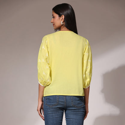 Embroidered Top- Birds of Paradise Lime