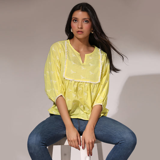 Embroidered Top- Birds of Paradise Lime