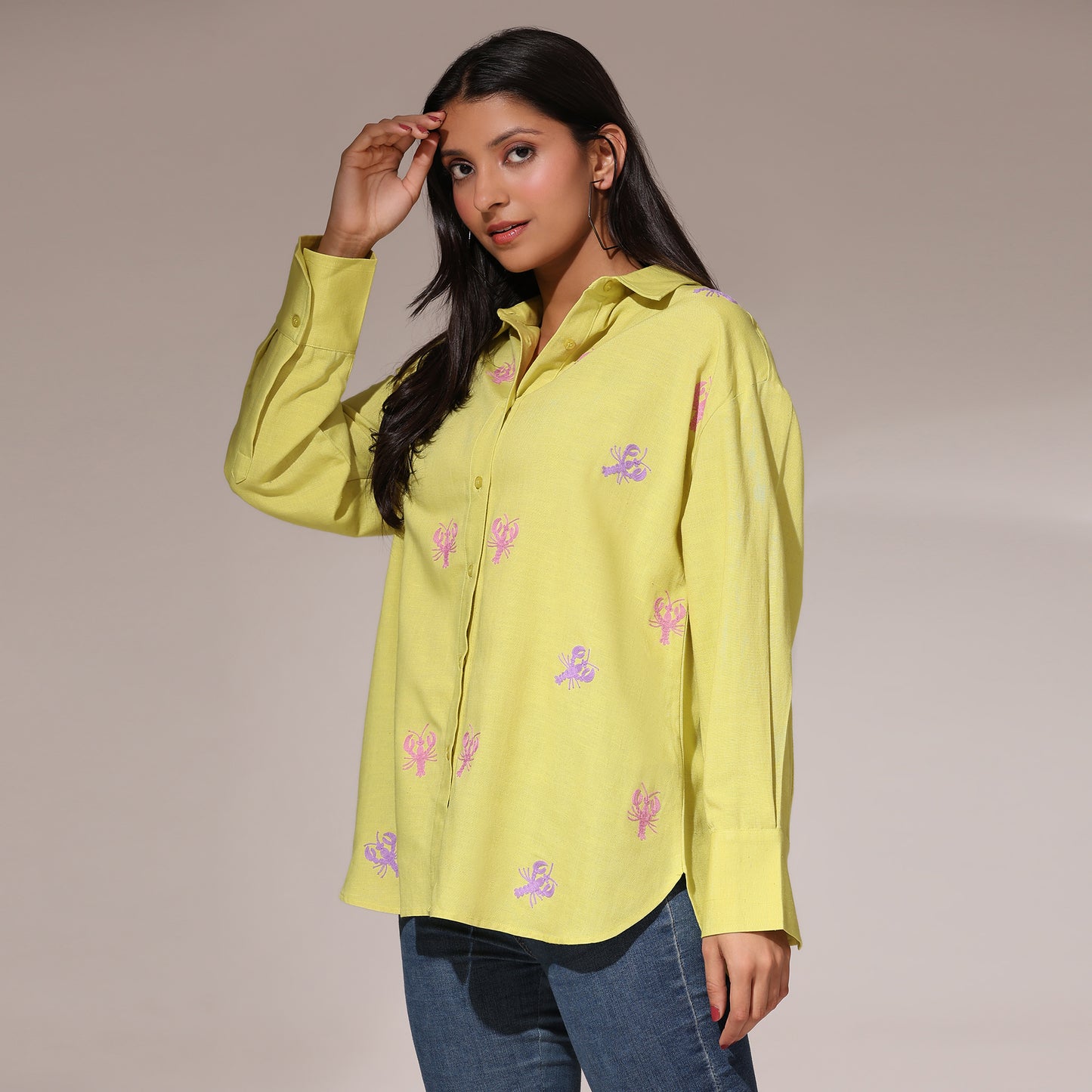 Oversized Embroidered Shirt- Lobster Yellow