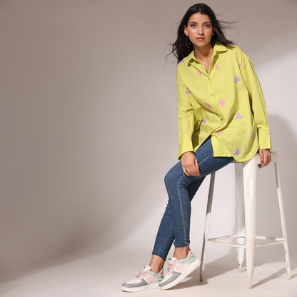 Oversized Embroidered Shirt- Lobster Yellow