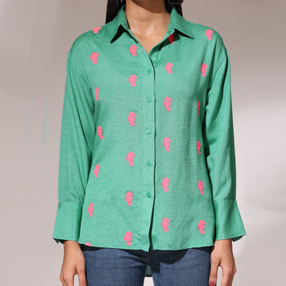 Oversized Embroidered Shirt- Seahorse Green