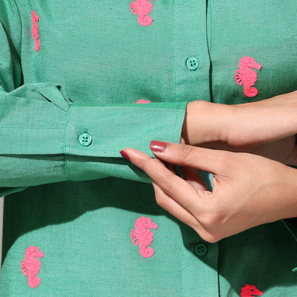 Oversized Embroidered Shirt- Seahorse Green