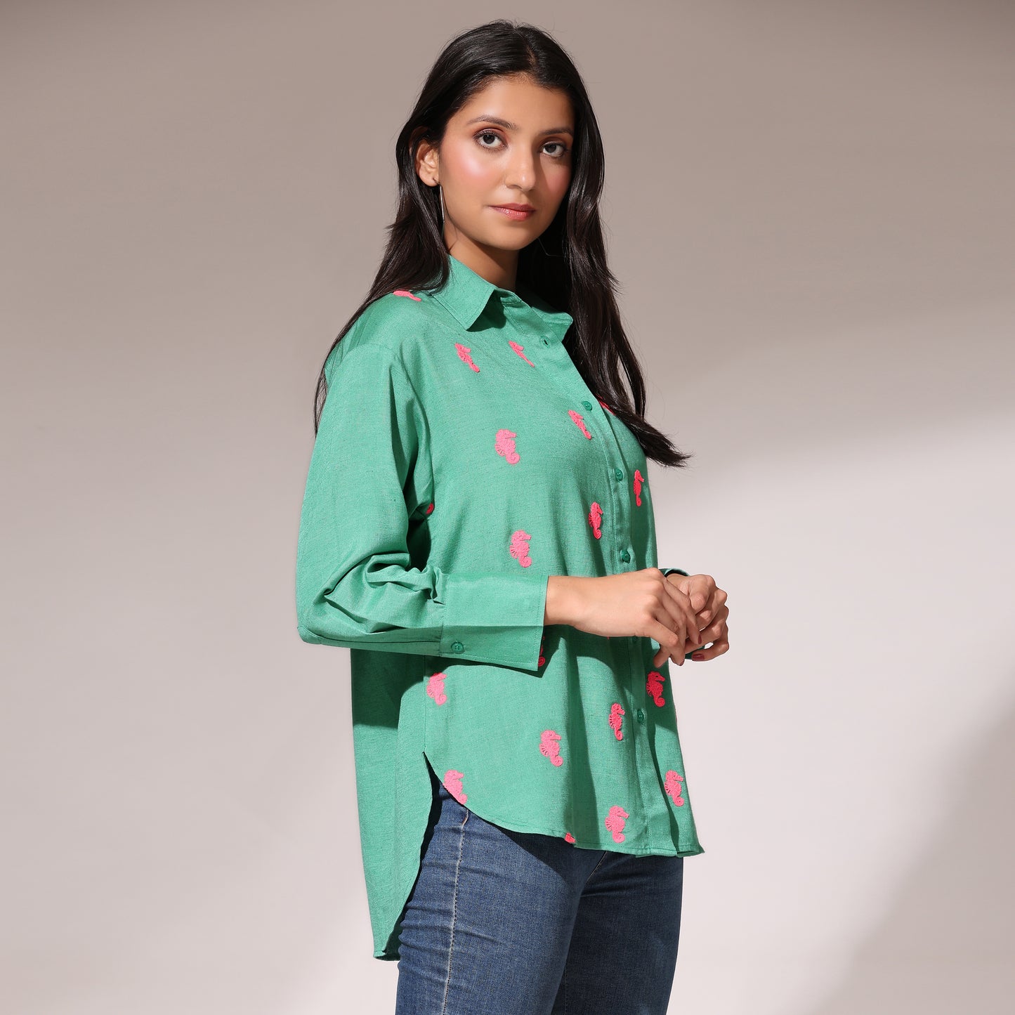 Oversized Embroidered Shirt- Seahorse Green