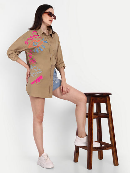 Oversized Embroidered Shirt- Makena Coffee