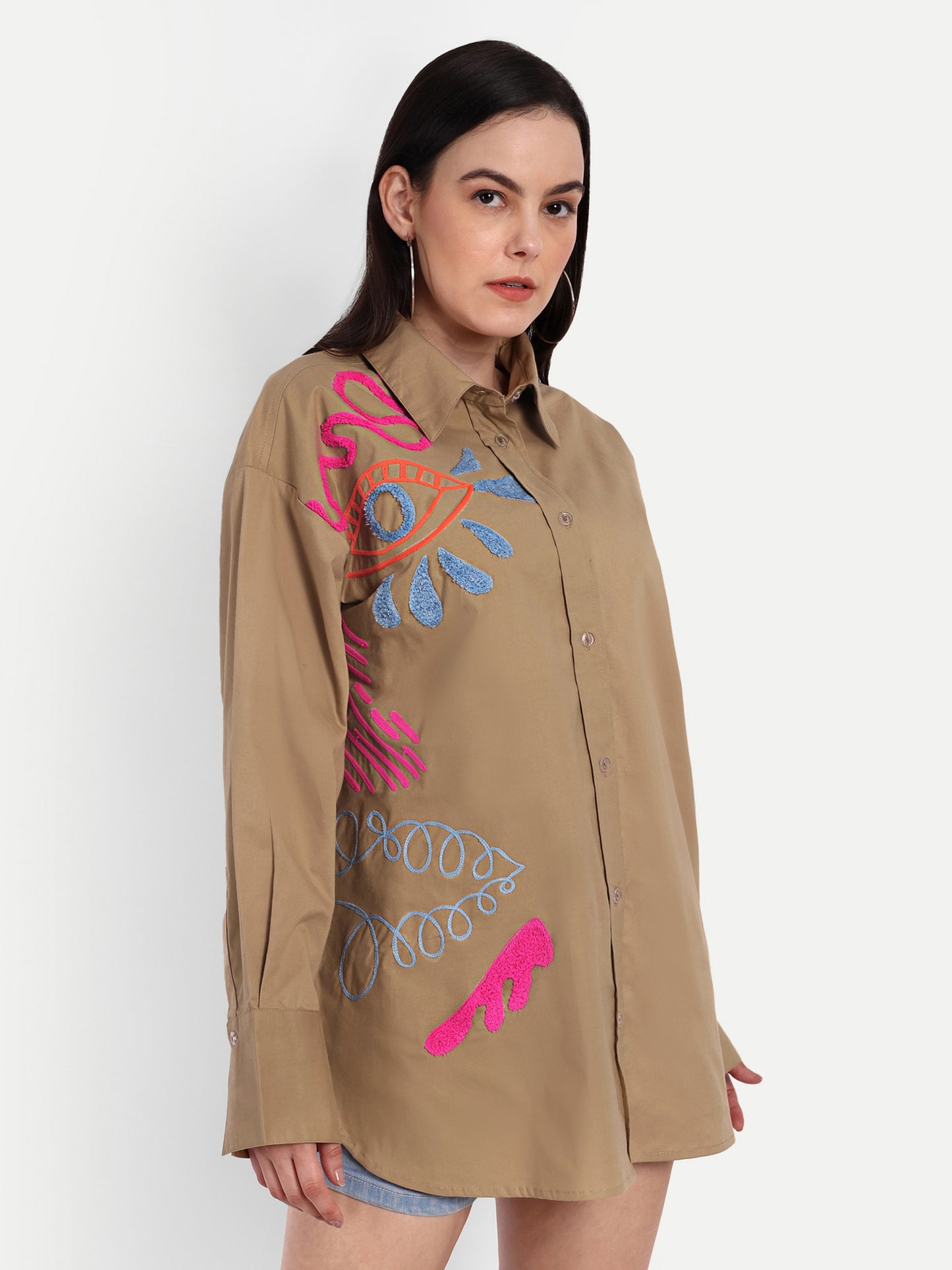 Oversized Embroidered Shirt- Makena Coffee