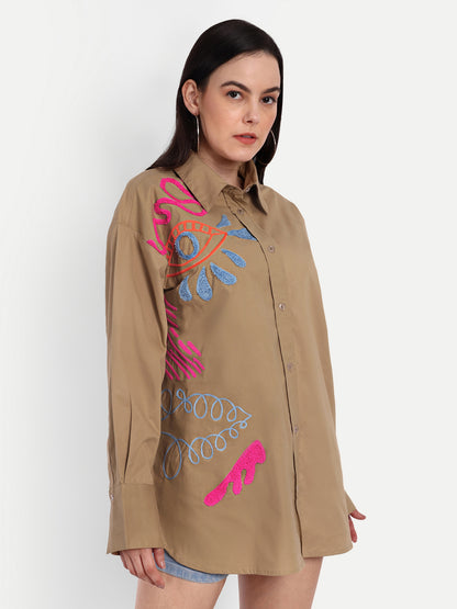 Oversized Embroidered Shirt- Makena Coffee