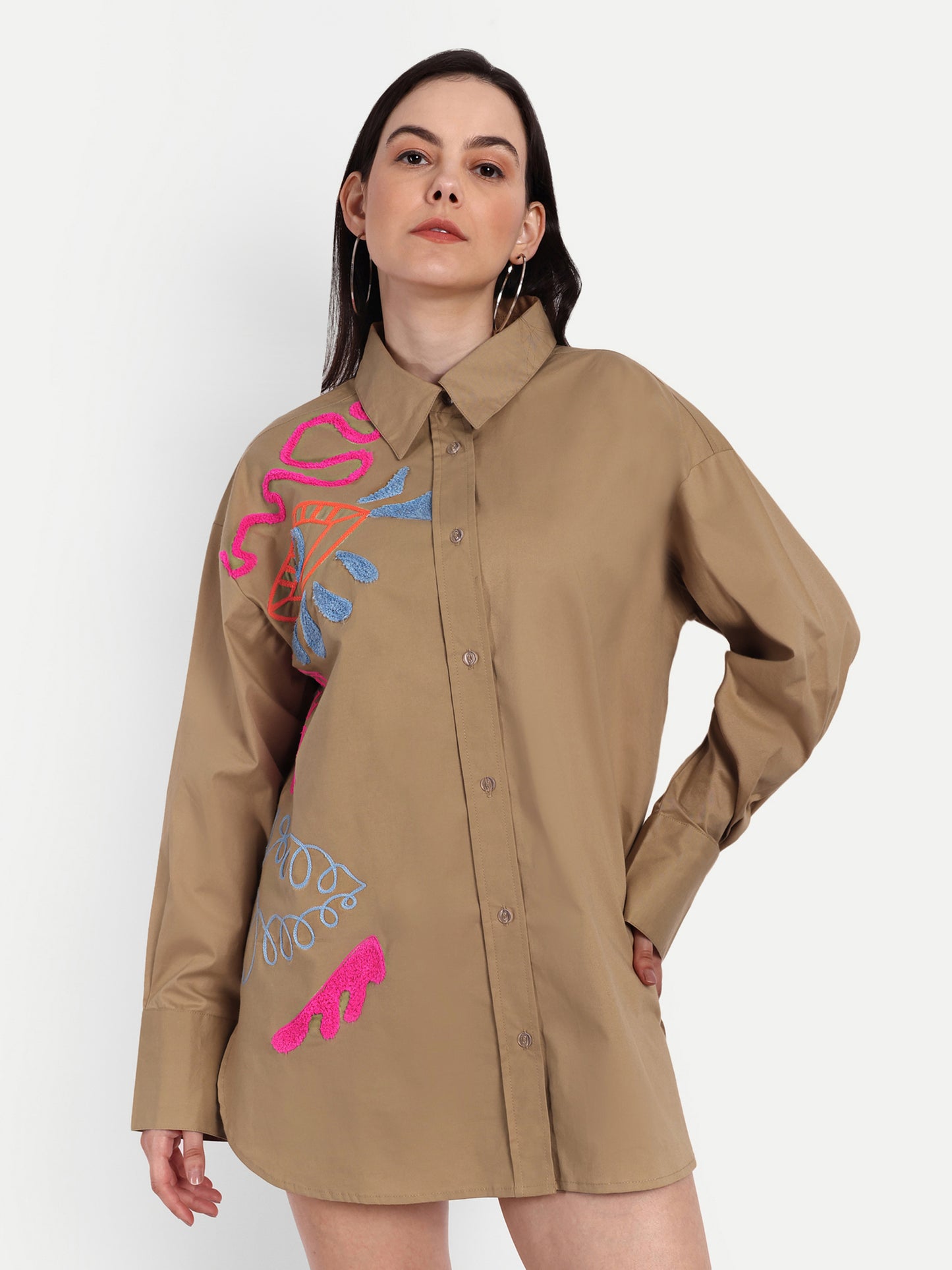 Oversized Embroidered Shirt- Makena Coffee