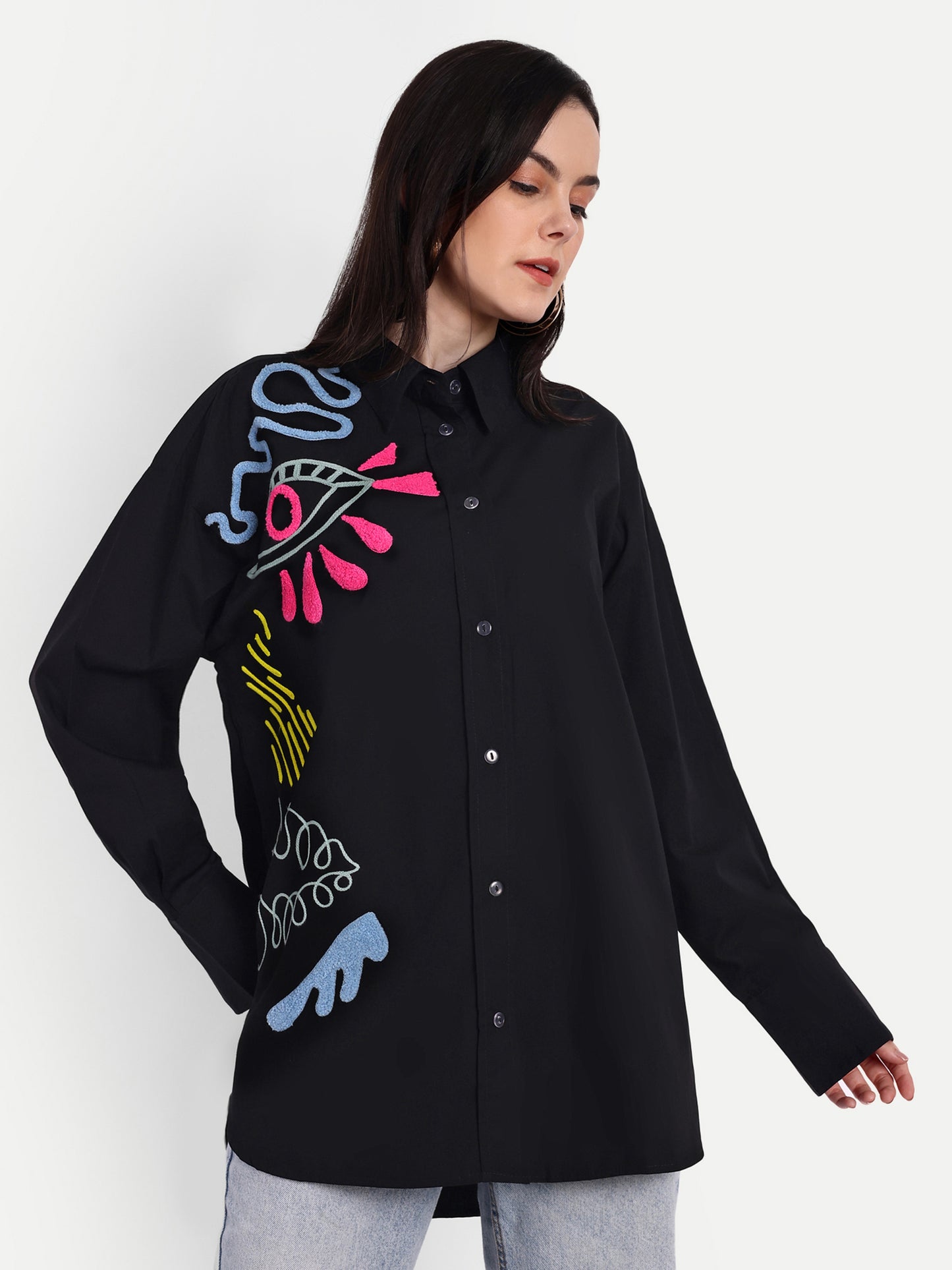 Oversized Embroidered Shirt- Makena Black