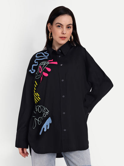 Oversized Embroidered Shirt- Makena Black