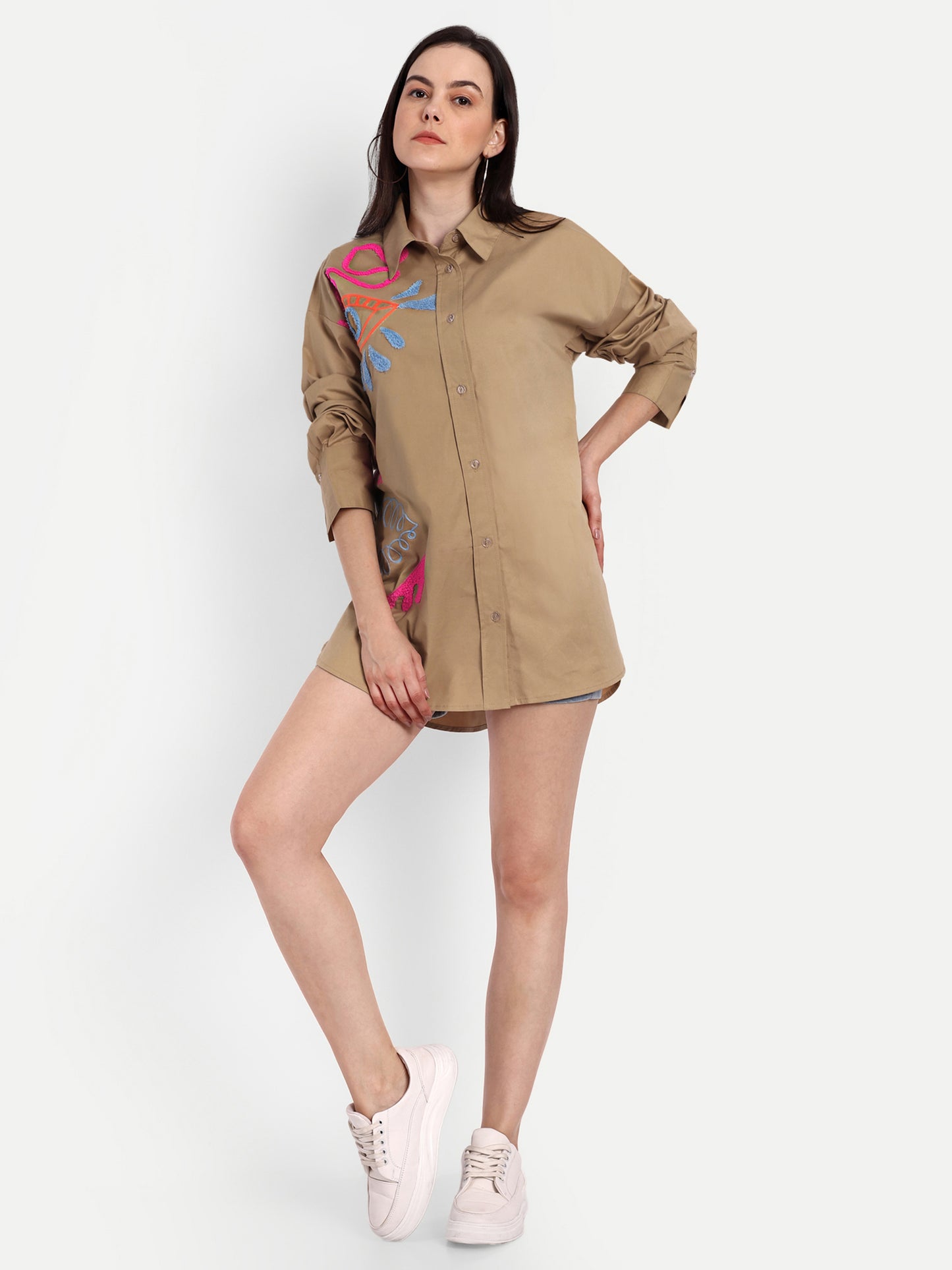 Oversized Embroidered Shirt- Makena Coffee