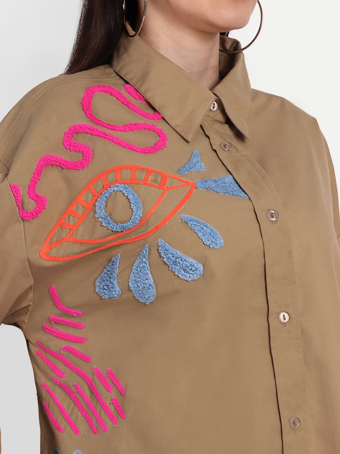 Oversized Embroidered Shirt- Makena Coffee