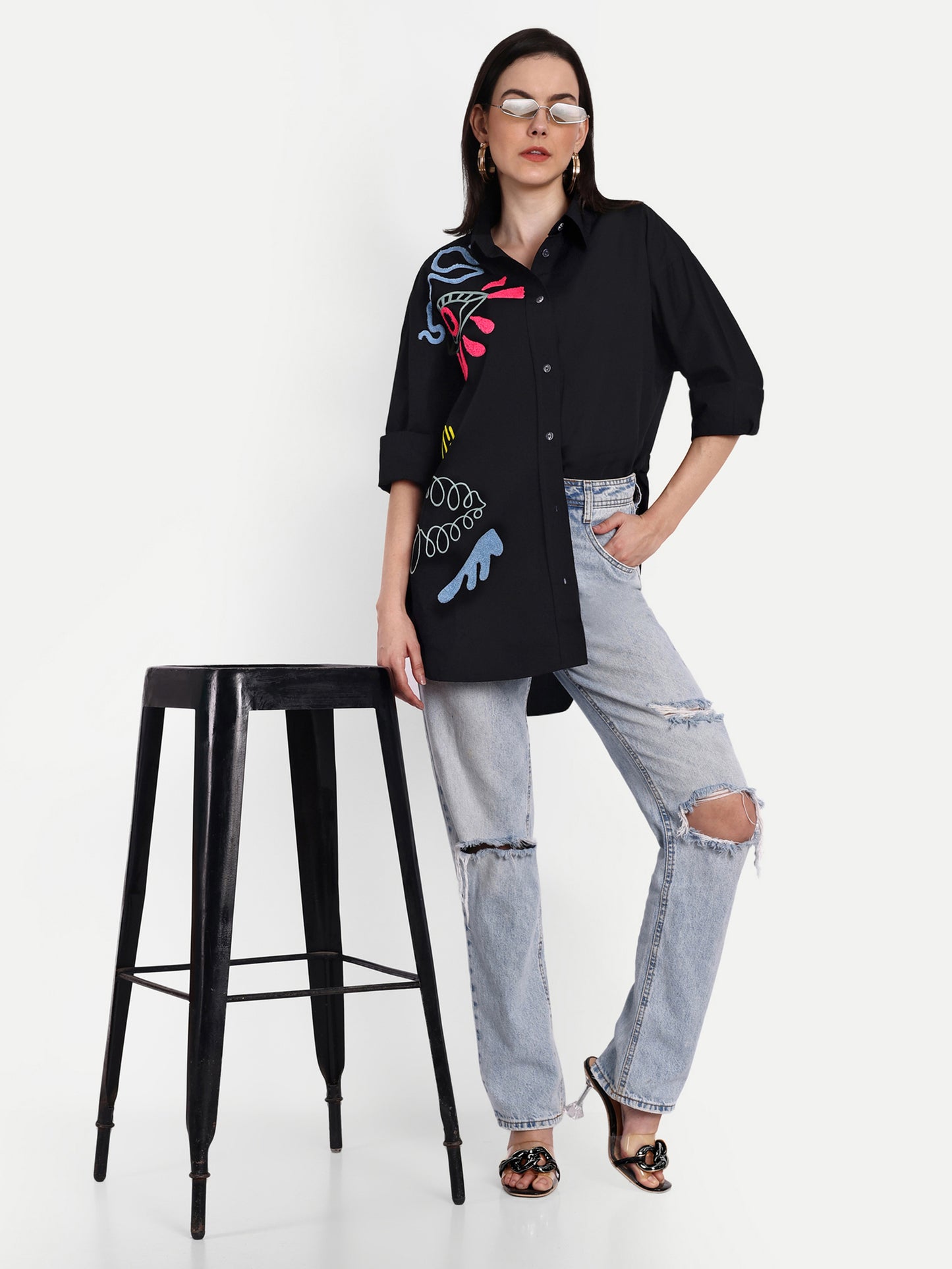 Oversized Embroidered Shirt- Makena Black