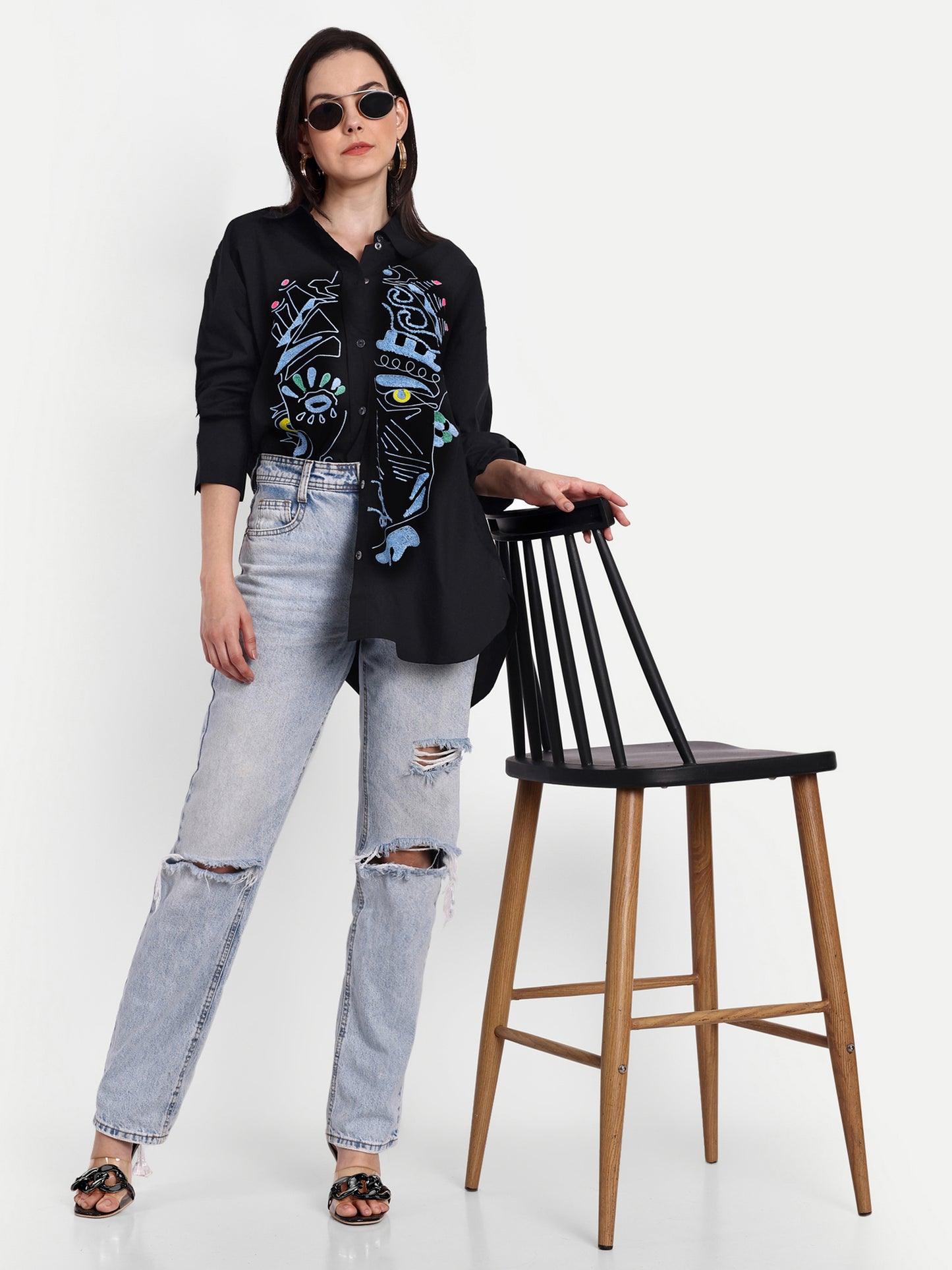 Oversized Embroidered Shirt- Samara Black