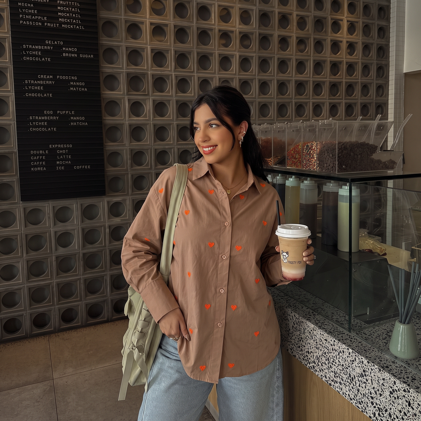 Oversized Embroidered Shirt- Heart Coffee
