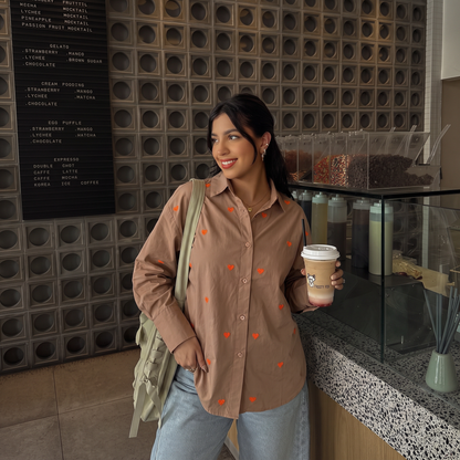 Oversized Embroidered Shirt- Heart Coffee