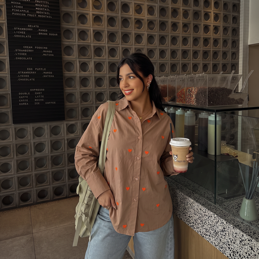 Oversized Embroidered Shirt- Heart Coffee