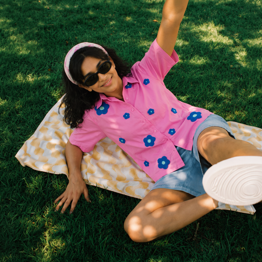 Boxy Fit- Flower Embroidered Shirt Pink